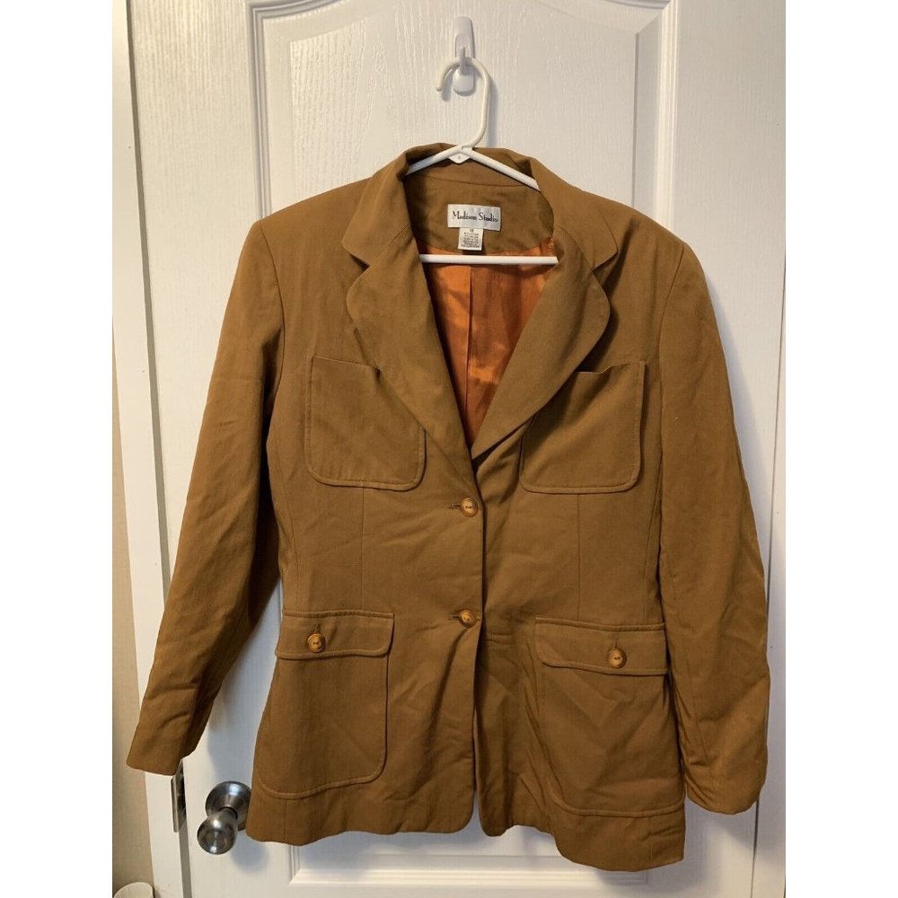 Madison Studio Tan 2 Pc. Pant Suit. Size 10 Jacket Size 6 Pants.
